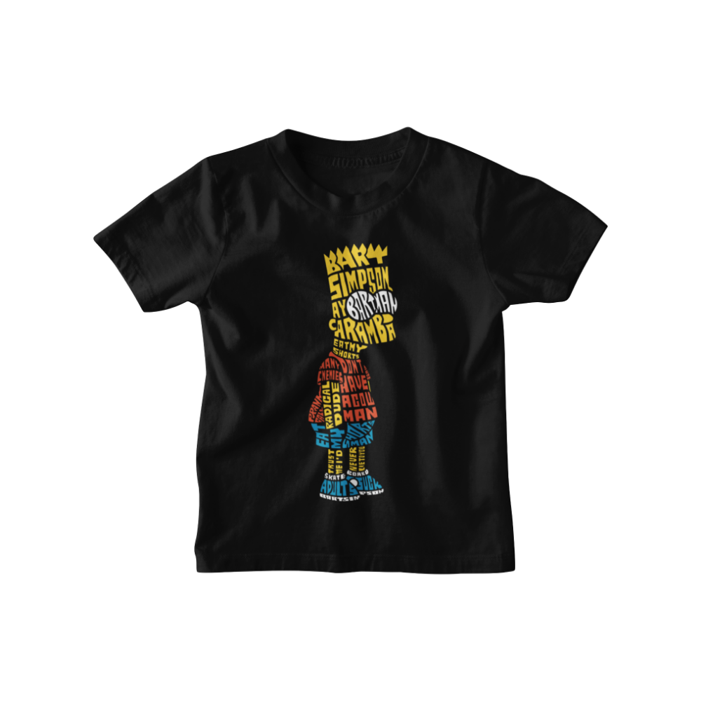 Áo thun Bart Simpson phong cách typography với các từ khóa nổi bật như “CARAMBA”, “SKATE”, “RADICAL”, “DUDE”, “EAT MY SHORTS”.