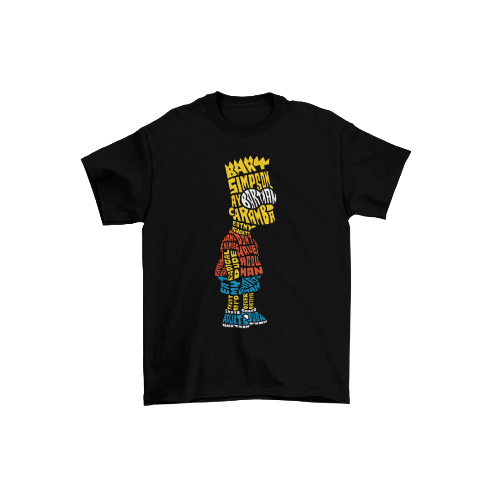 Áo thun Bart Simpson phong cách typography với các từ khóa nổi bật như “CARAMBA”, “SKATE”, “RADICAL”, “DUDE”, “EAT MY SHORTS”.