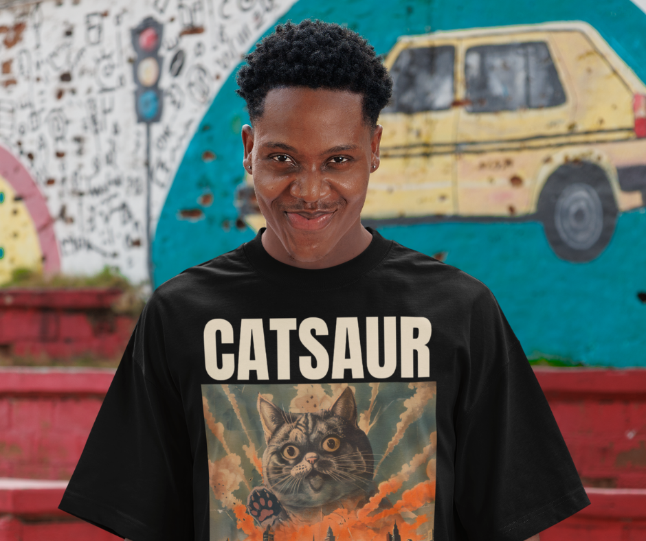 Person wearing a black t-shirt with 'CATSAUR' and a cat graphic, standing in front of a colorful mural.