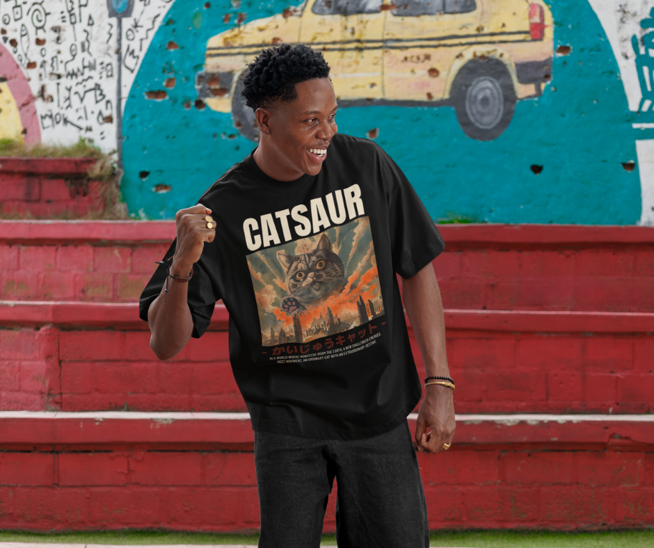 Person wearing a black t-shirt with 'CATSAUR' design in front of a colorful mural.