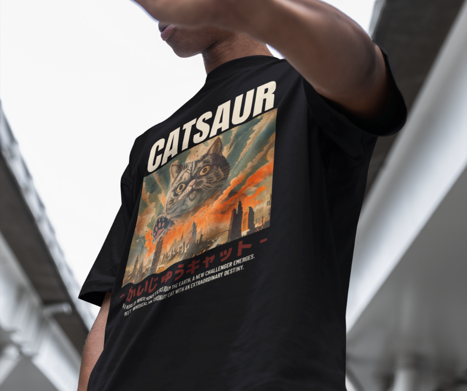 Person wearing a black t-shirt with a graphic design and text on the back.