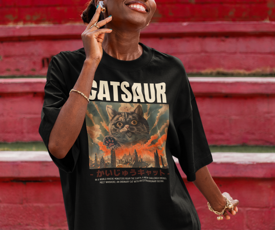 Person wearing a black t-shirt with a graphic design and text, standing against a red brick wall.