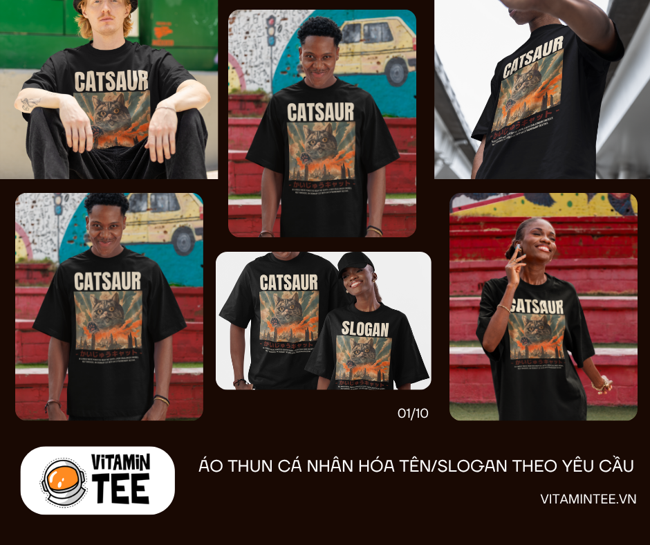 Collage of a person wearing a black t-shirt with 'CATSAUR' design, standing against different backgrounds.