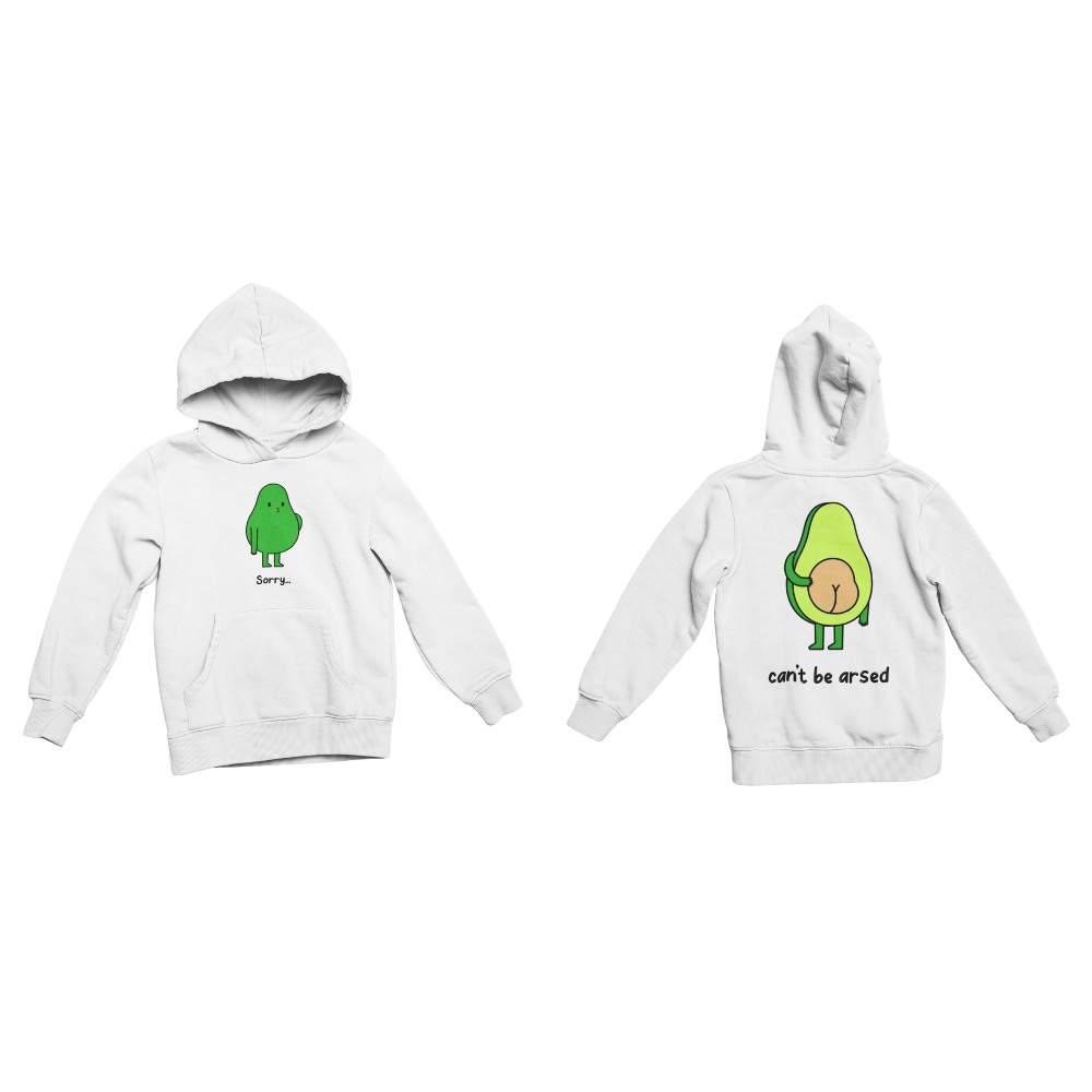 Áo thun và hoodie in trái bơ mặt trước với dòng chữ "Sorry…", mặt sau là hình nửa quả bơ kèm chữ "Can't be arsed".