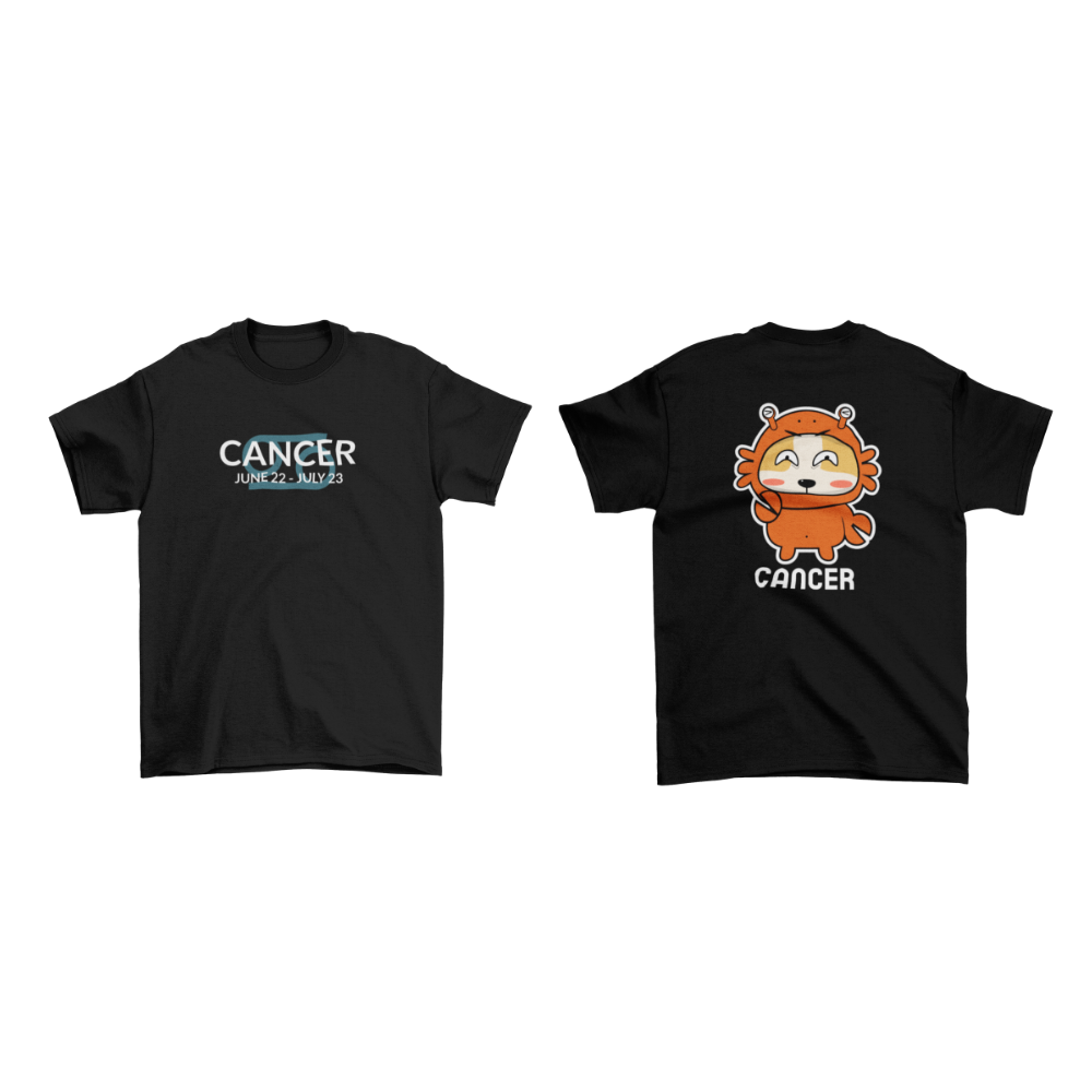 Two black t-shirts, one with 'Cancer' text and the other with a cartoon lion character, on a white background.