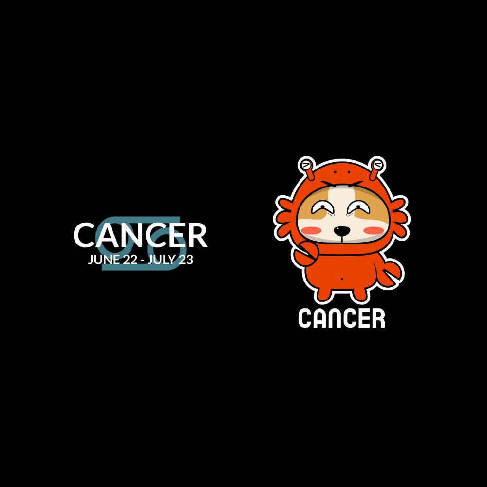 Cute cartoon lion character wearing a lion head costume with 'Cancer' text and date range on a black background.