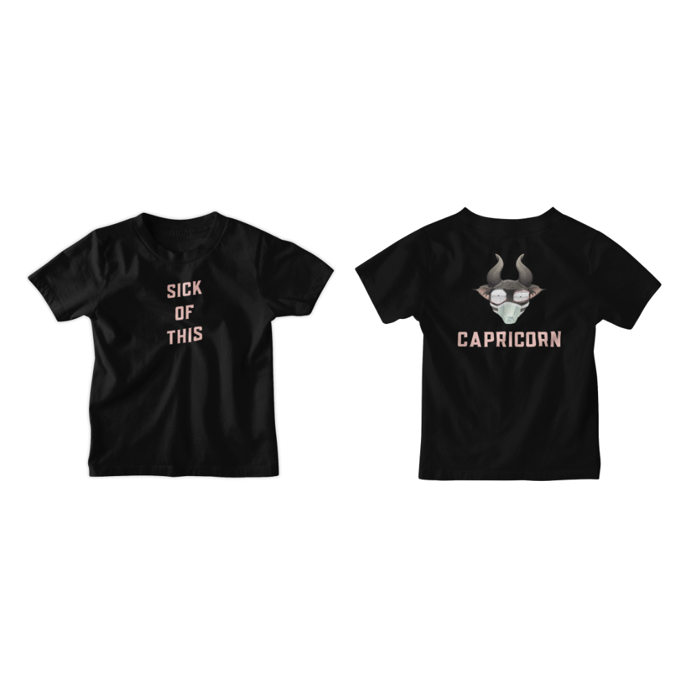 Áo hoodie và áo thun cung Ma Kết với slogan “Sick of this”, hình chú dê đeo khẩu trang và kính phản chiếu “cuộc đời mệt mỏi”.