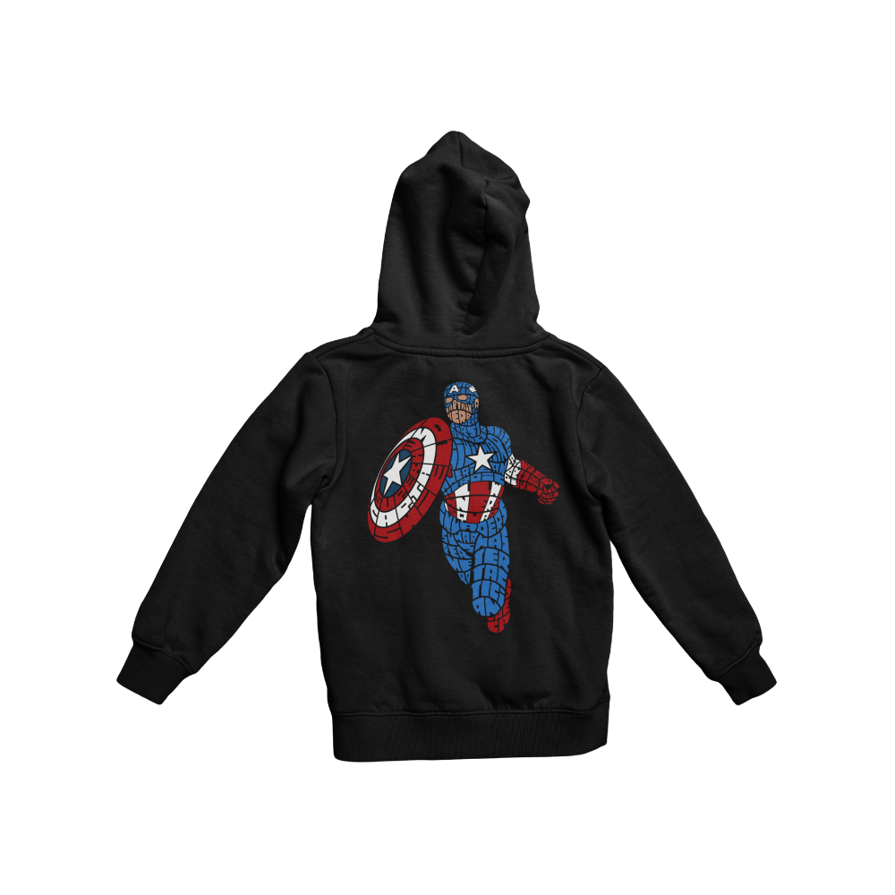 Áo thun in hình Captain America với thiết kế typography ghép chữ tạo hình nhân vật và chiếc khiên biểu tượng