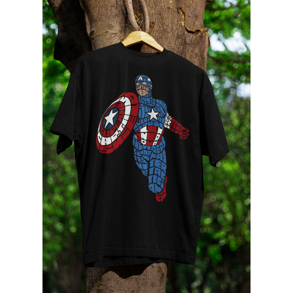 Áo thun in hình Captain America với thiết kế typography ghép chữ tạo hình nhân vật và chiếc khiên biểu tượng