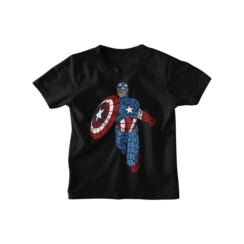 Black t-shirt with a superhero design featuring a shield and costume on a white background