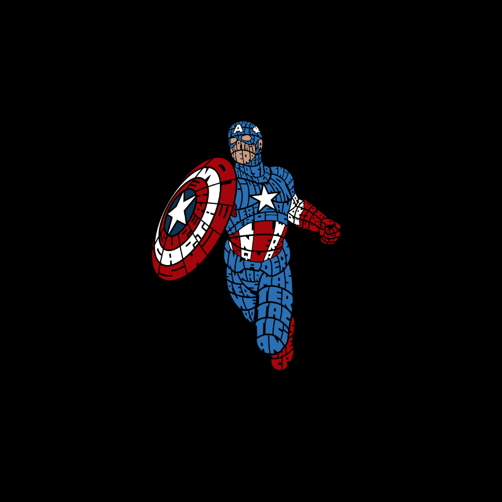Áo thun in hình Captain America với thiết kế typography ghép chữ tạo hình nhân vật và chiếc khiên biểu tượng