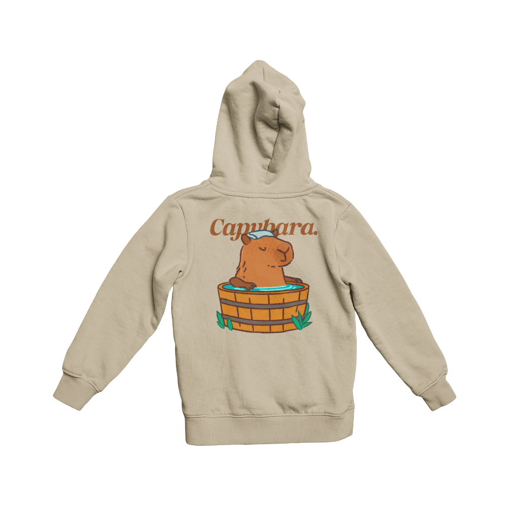 Áo thun, hoodie và sweater in hình capybara ngồi trong thùng gỗ, phong cách dễ thương thư giãn
