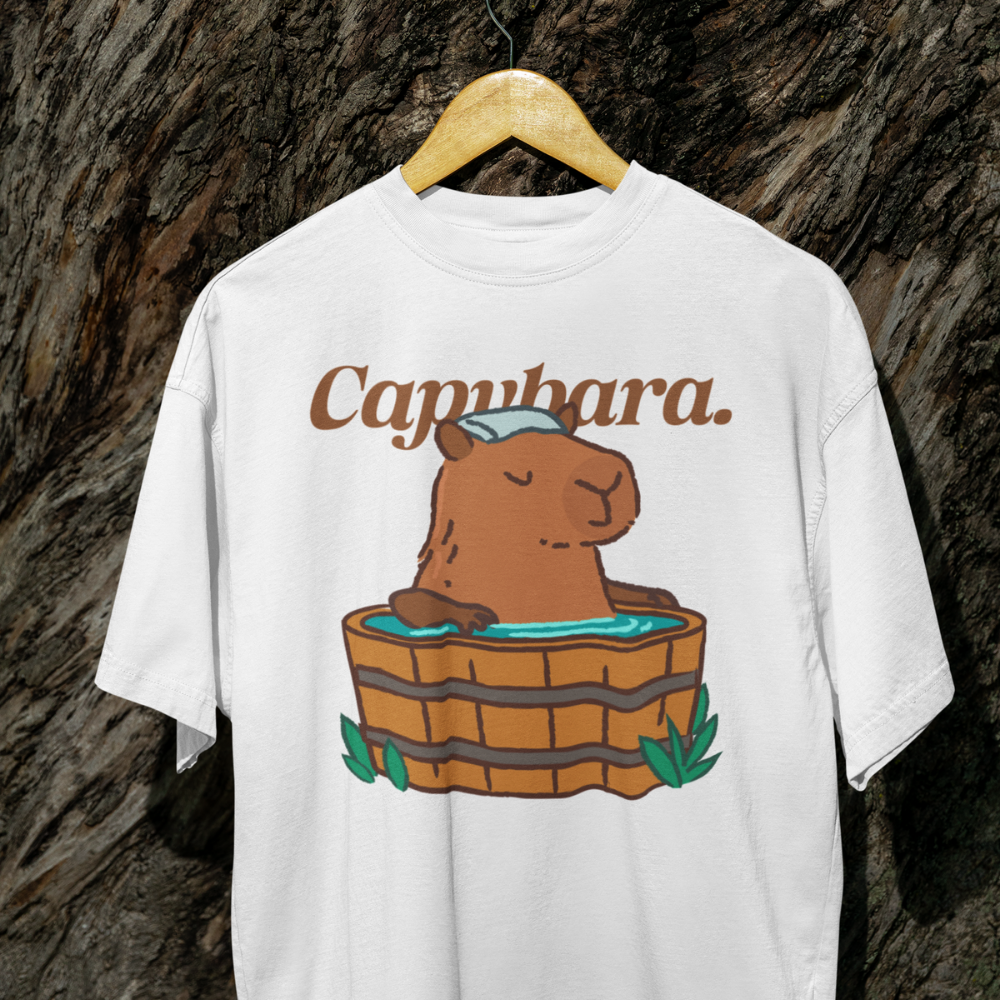 Áo thun, hoodie và sweater in hình capybara ngồi trong thùng gỗ, phong cách dễ thương thư giãn