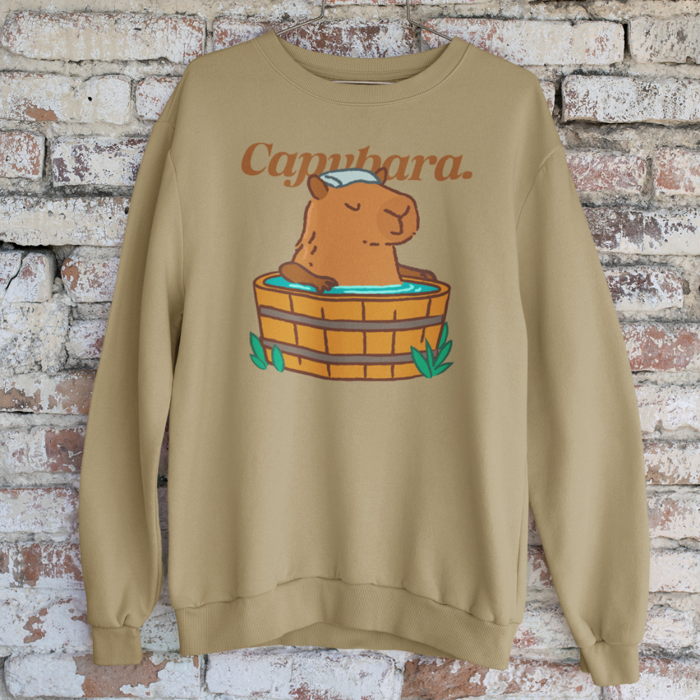 Áo thun, hoodie và sweater in hình capybara ngồi trong thùng gỗ, phong cách dễ thương thư giãn