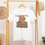 Áo thun đen in hình capybara ngồi trong bồn nước nóng, mặt chill thư giãn, kèm chữ "Capybara" hoặc slogan tùy chỉnh