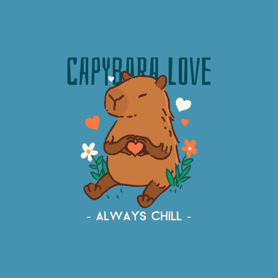 Áo thun xanh in hình capybara cầm trái tim, bao quanh là hoa lá và slogan “Always Chill”, có thể tuỳ chỉnh dòng chữ phía trên