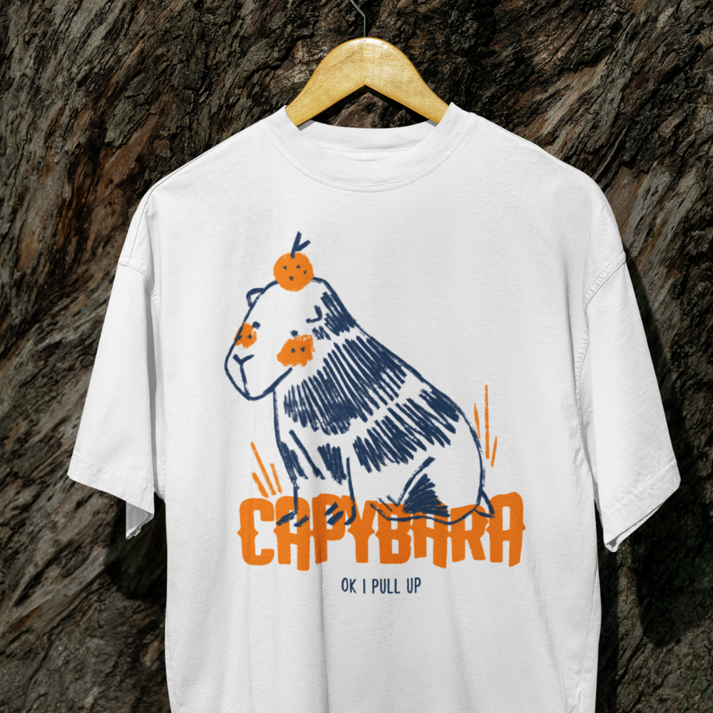 capybara dễ thương với cam trên đầu, dòng chữ OK I pull up