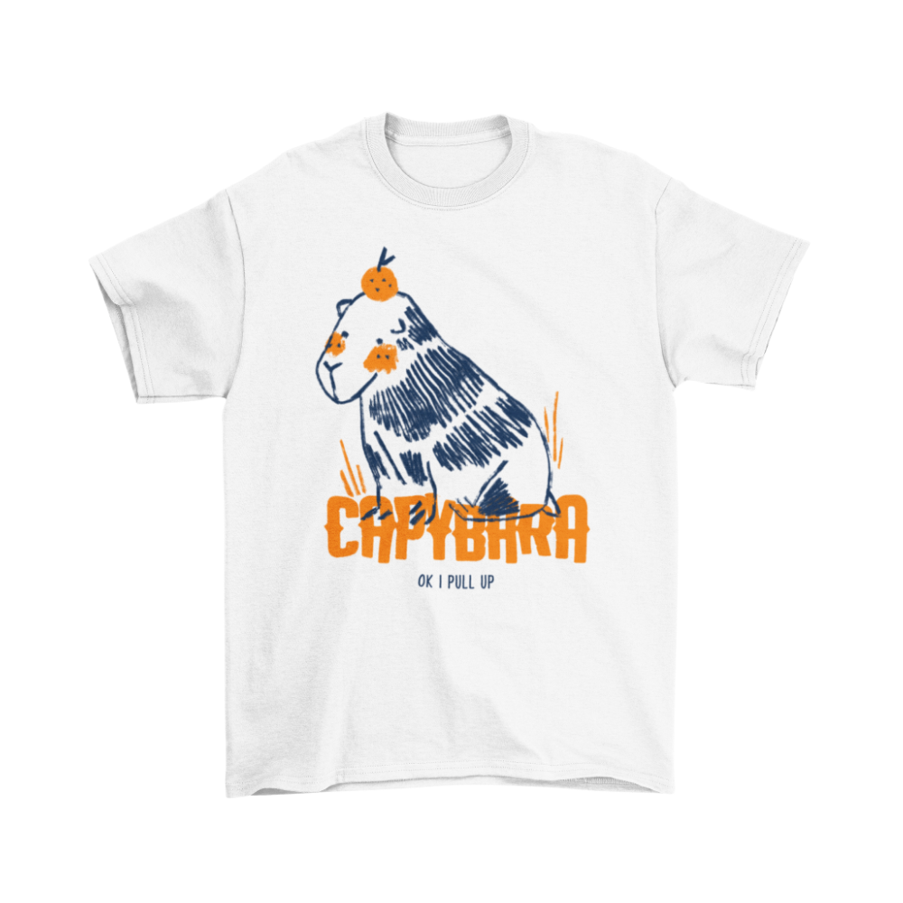 capybara dễ thương với cam trên đầu, dòng chữ OK I pull up