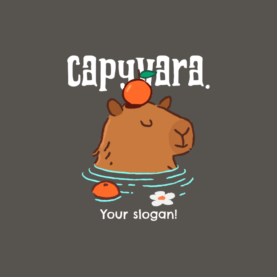 Áo thun capybara hài hước, hình vẽ capybara thư giãn trong nước, có quả cam trên đầu, thiết kế cá nhân hóa.