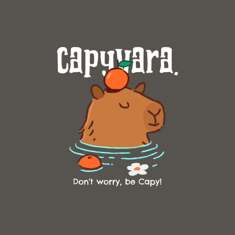 Áo thun capybara hài hước, hình vẽ capybara thư giãn trong nước, có quả cam trên đầu, thiết kế cá nhân hóa.