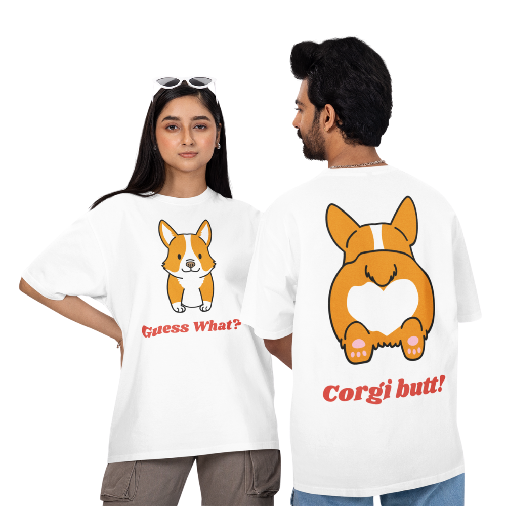 Two people wearing white t-shirts with corgi illustrations and text.