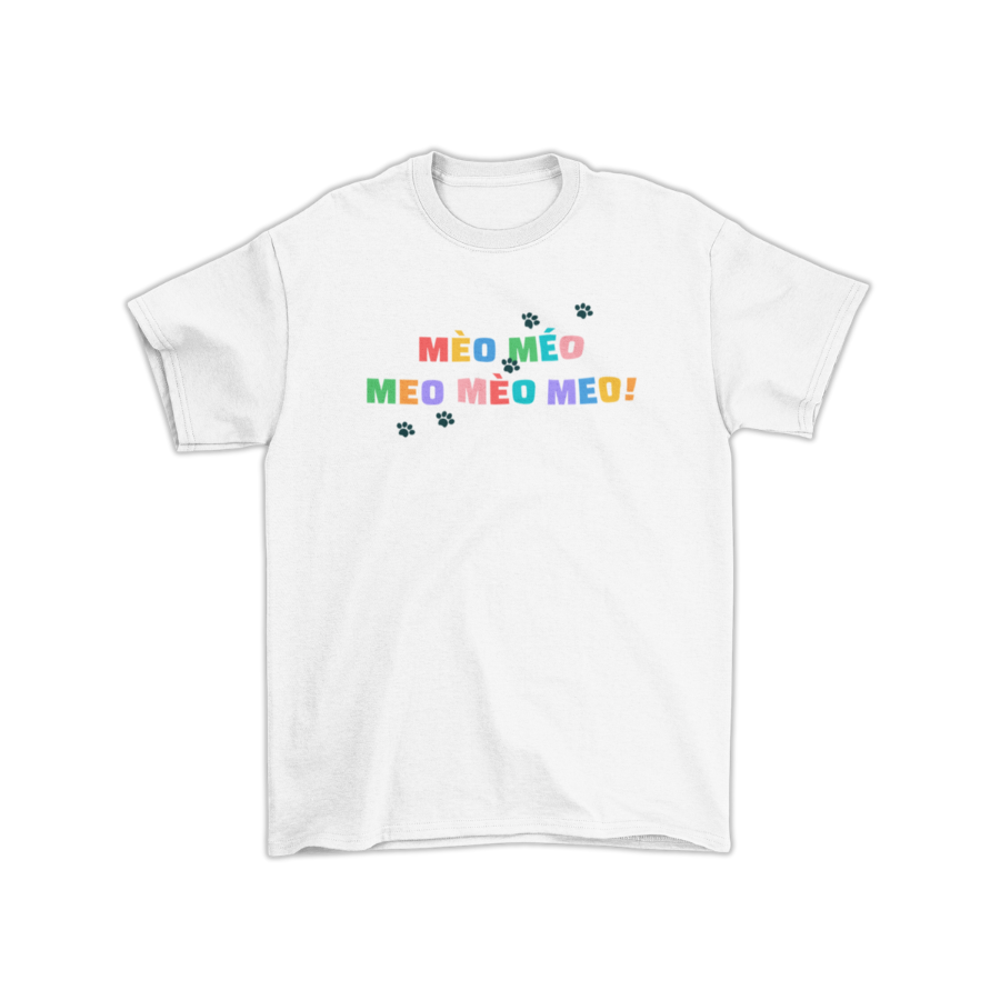 Cute cat slogan t-shirt with rainbow text and paw prints