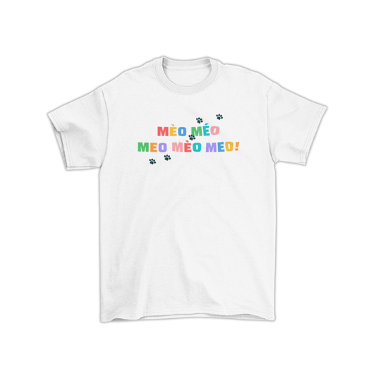 Cute cat slogan t-shirt with rainbow text and paw prints