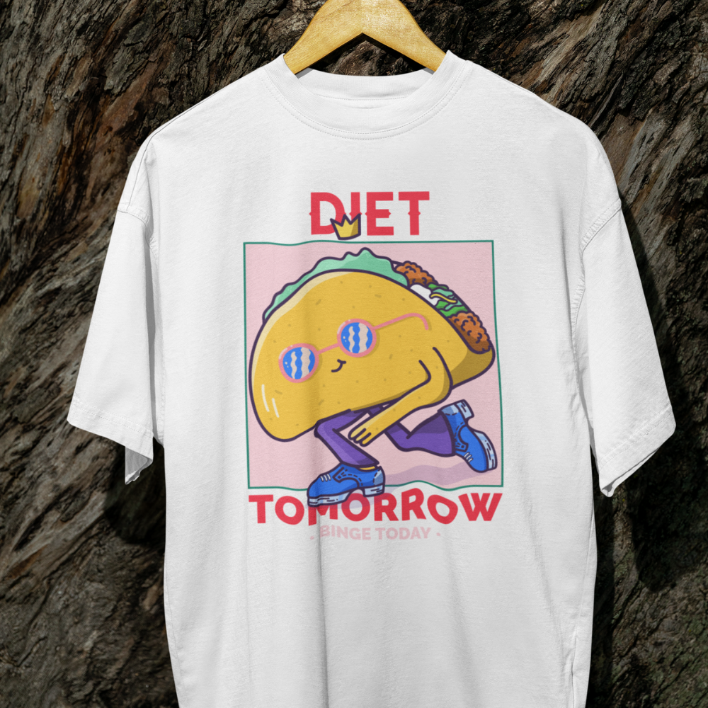 Áo thun và hoodie in hình taco hoạt hình mệt mỏi cùng dòng chữ “DIET TOMORROW – ENJOY TODAY” trên nền màu pastel hài hước