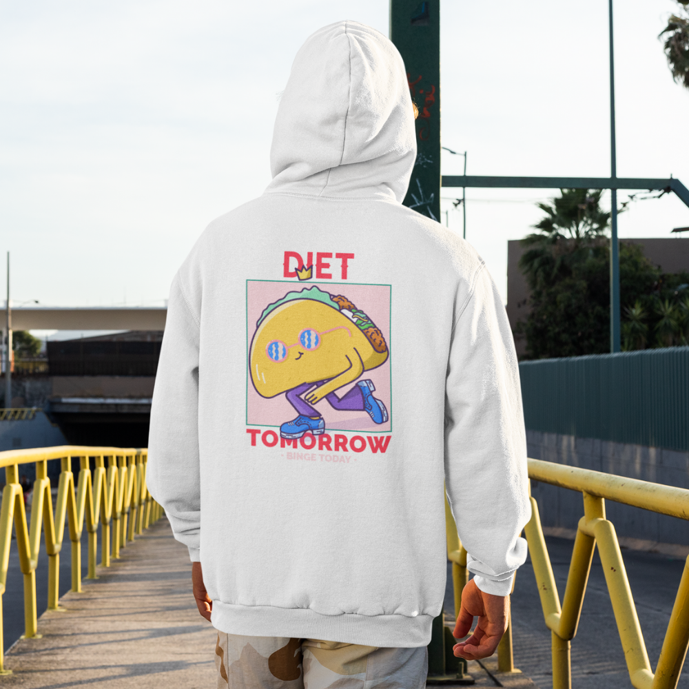 Áo thun và hoodie in hình taco hoạt hình mệt mỏi cùng dòng chữ “DIET TOMORROW – ENJOY TODAY” trên nền màu pastel hài hước