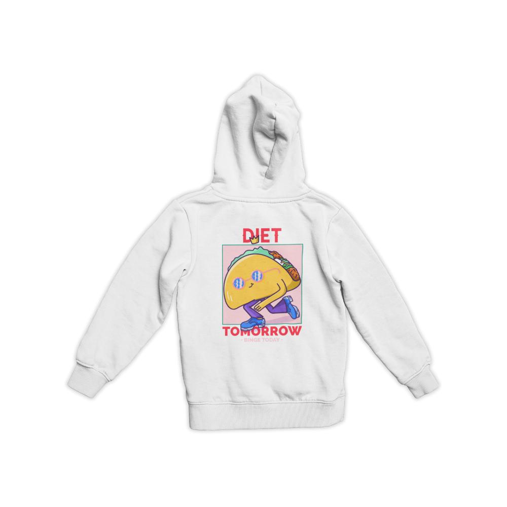 Áo thun và hoodie in hình taco hoạt hình mệt mỏi cùng dòng chữ “DIET TOMORROW – ENJOY TODAY” trên nền màu pastel hài hước
