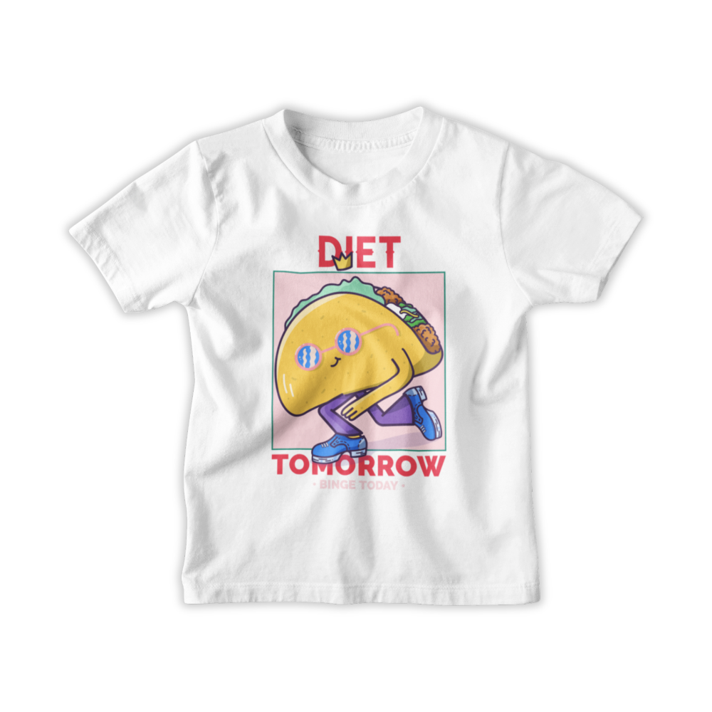 Áo thun và hoodie in hình taco hoạt hình mệt mỏi cùng dòng chữ “DIET TOMORROW – ENJOY TODAY” trên nền màu pastel hài hước