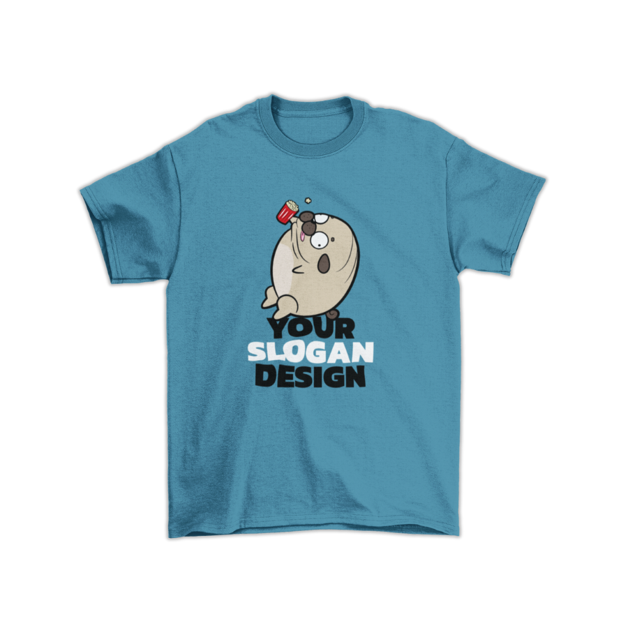 Áo thun xanh dương in hình chú chó hoạt hình pug đang gặm bắp ngô, phần slogan có thể tùy chỉnh theo ý người mặc.1