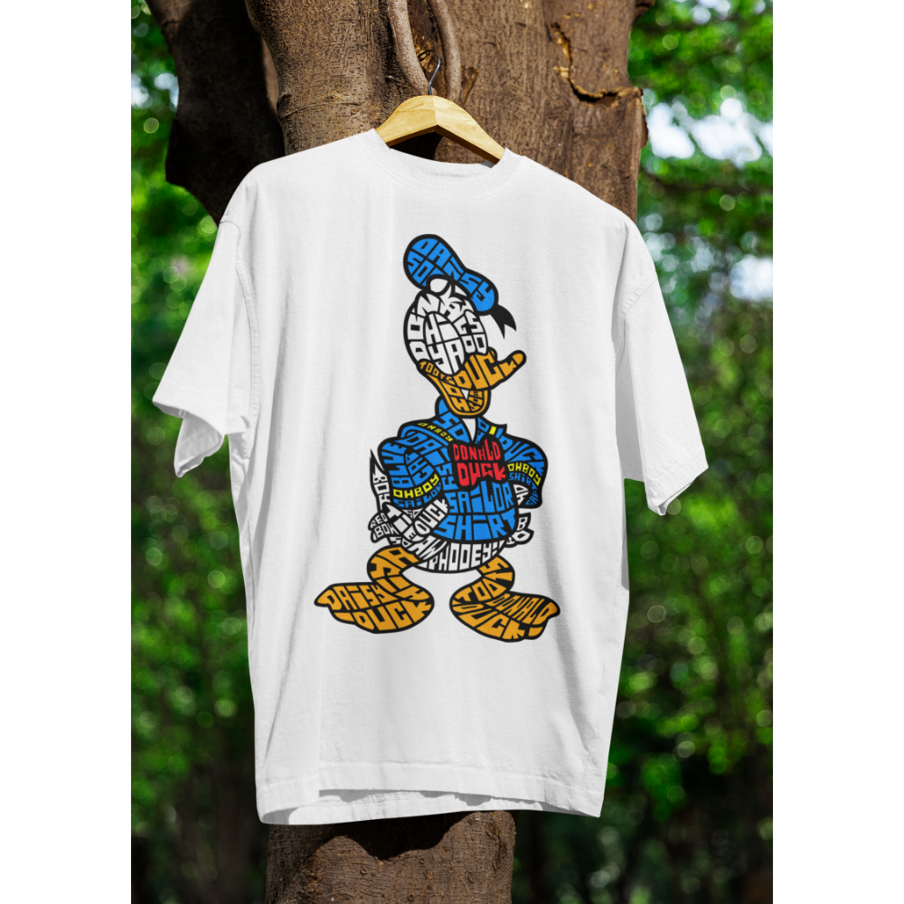 Áo thun hình chú vịt Donald Duck thiết kế typography từ các từ khóa như “DONALD”, “DUCK”, “GRUMPY”, “SHORT TEMPER”.