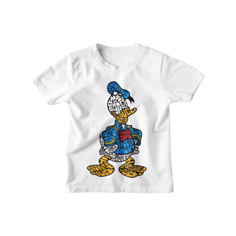 Áo thun hình chú vịt Donald Duck thiết kế typography từ các từ khóa như “DONALD”, “DUCK”, “GRUMPY”, “SHORT TEMPER”.