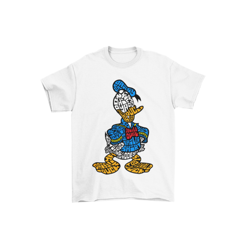 Áo thun hình chú vịt Donald Duck thiết kế typography từ các từ khóa như “DONALD”, “DUCK”, “GRUMPY”, “SHORT TEMPER”.