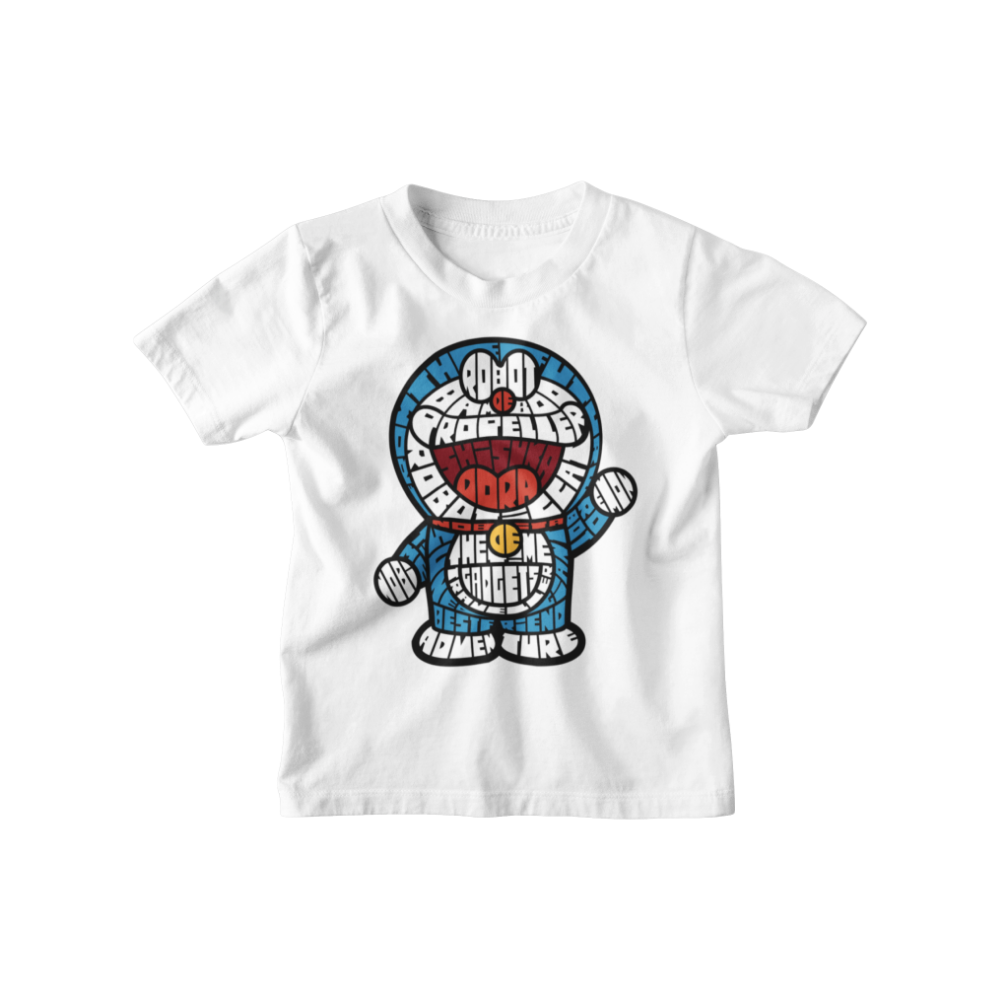 Áo Doraemon thiết kế tạo hình bằng chữ, màu xanh đỏ nổi bật, phong cách dễ thương cá tính