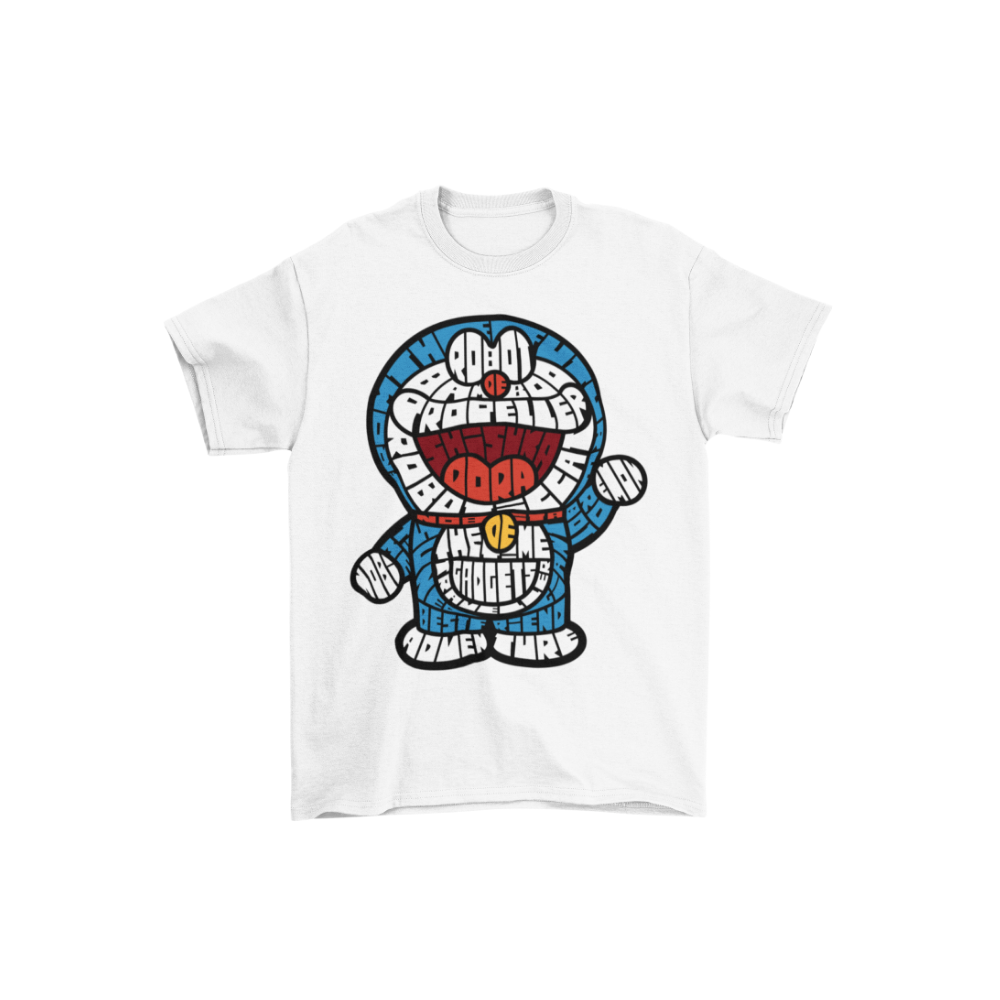 White t-shirt with a colorful graphic design on a white background