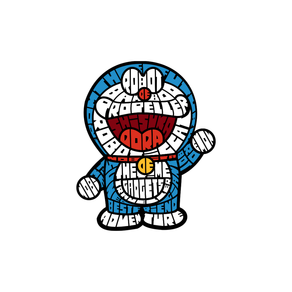Áo Doraemon thiết kế tạo hình bằng chữ, màu xanh đỏ nổi bật, phong cách dễ thương cá tính