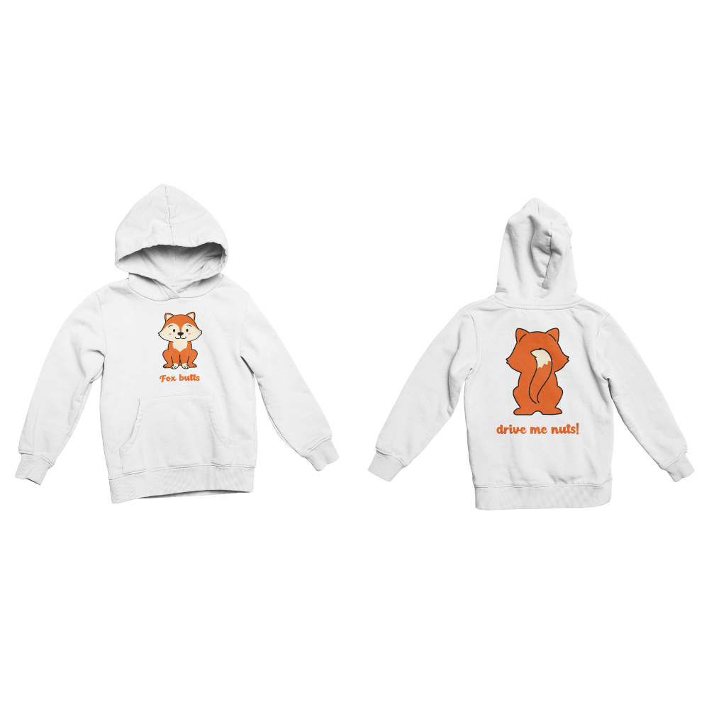 Two white hoodies with fox illustrations and text on a white background