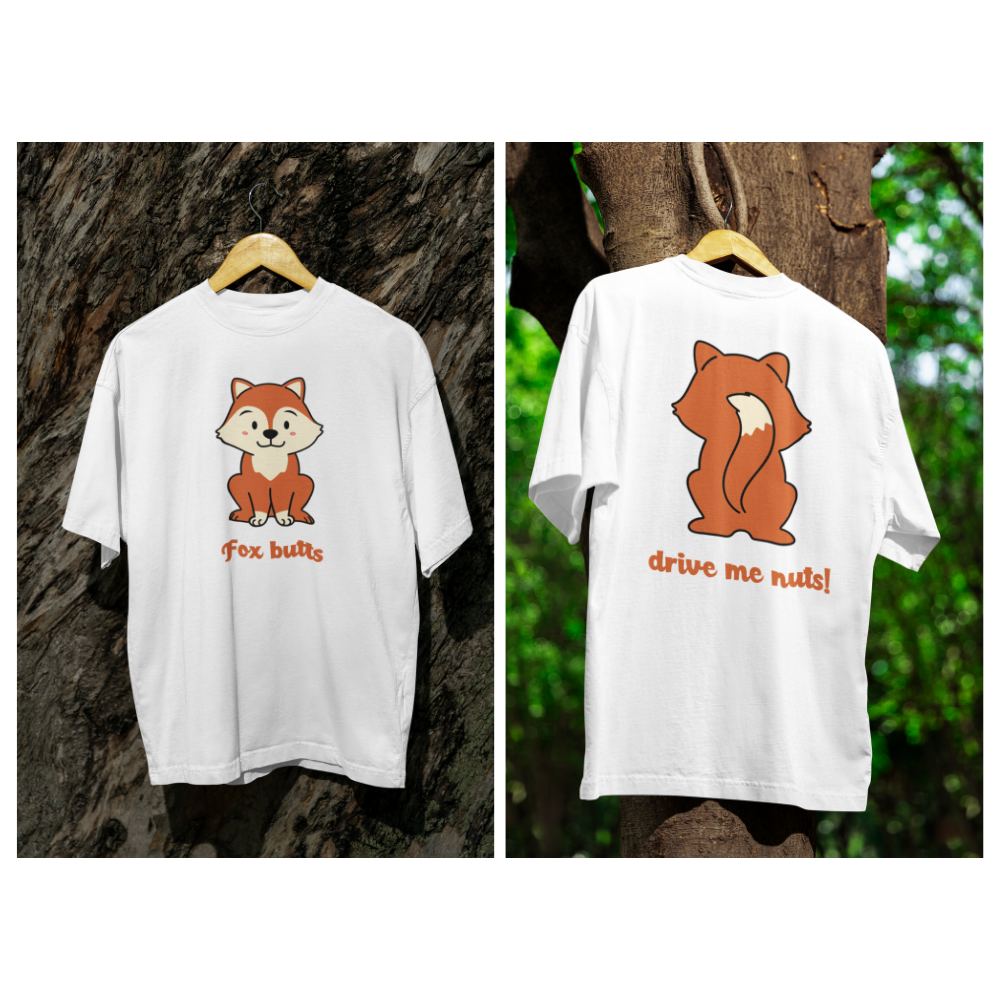 White t-shirt with a fox graphic and text on a hanger against a natural background