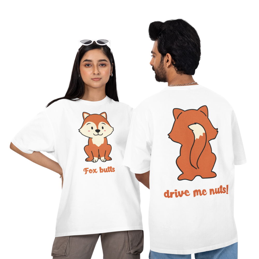 Two people wearing white t-shirts with fox illustrations and humorous text.