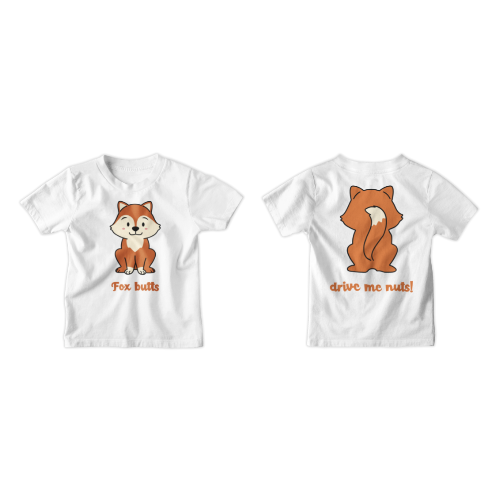 Two white t-shirts with fox illustrations and humorous text on a white background