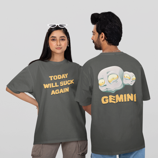Áo hoodie hoặc áo thun in chữ “Today will suck again” và hình Song Tử mặt chán đời – thiết kế chất chơi, hợp mood Gen Z.