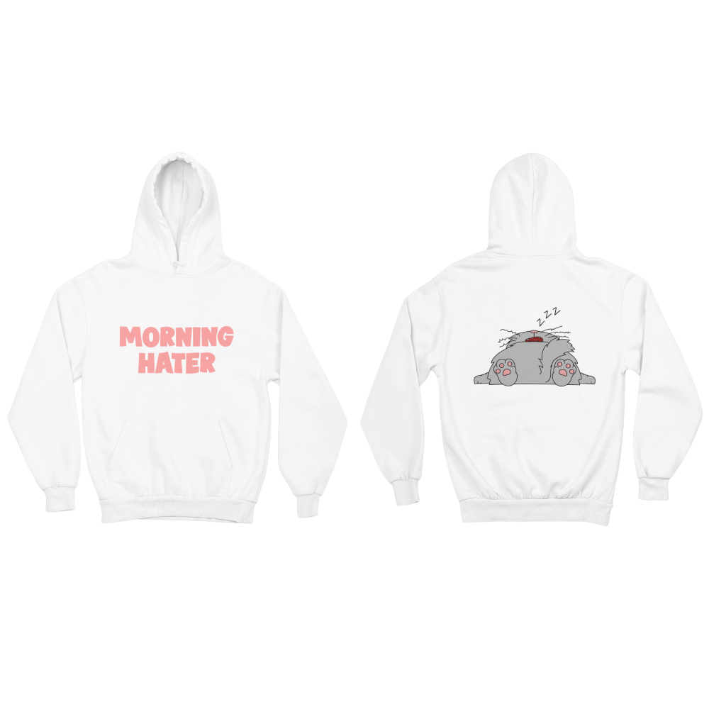 White hoodie with 'Morning Hater' text on front and cartoon character on back