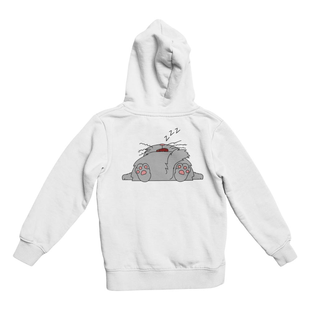 Áo hoodie trắng in chữ “Morning Hater” và hình mèo béo nằm ngủ cực lười – phong cách vui nhộn, hài hước.