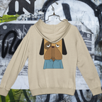 Áo hoodie be in chữ "I DON'T LIKE MORNINGS" và hình chú chó buồn ngủ mặc áo xanh – thiết kế hài hước, dễ đồng cảm.