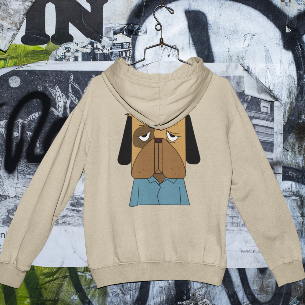 Áo hoodie be in chữ "I DON'T LIKE MORNINGS" và hình chú chó buồn ngủ mặc áo xanh – thiết kế hài hước, dễ đồng cảm.