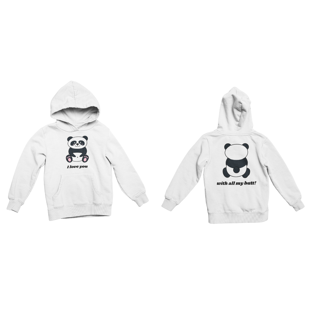 Áo hoodie và áo thun in hình gấu trúc mặt trước “I love you”, mặt sau “with all my butt!”