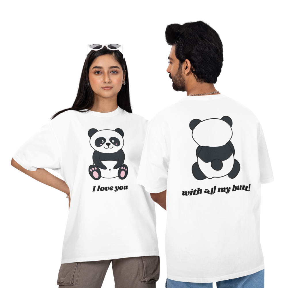 Áo hoodie và áo thun in hình gấu trúc mặt trước “I love you”, mặt sau “with all my butt!”