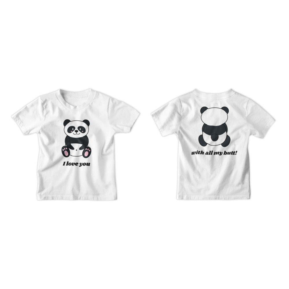 Áo hoodie và áo thun in hình gấu trúc mặt trước “I love you”, mặt sau “with all my butt!”